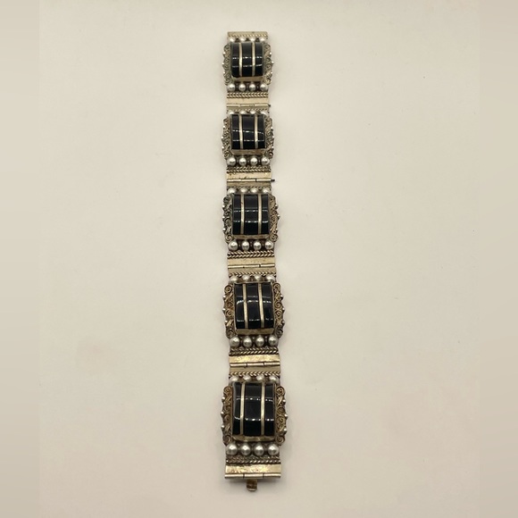 Vintage Mexico Sterling Silver Cord Black Onyx Hinged Link Bracelet 7” Long! - Picture 1 of 4